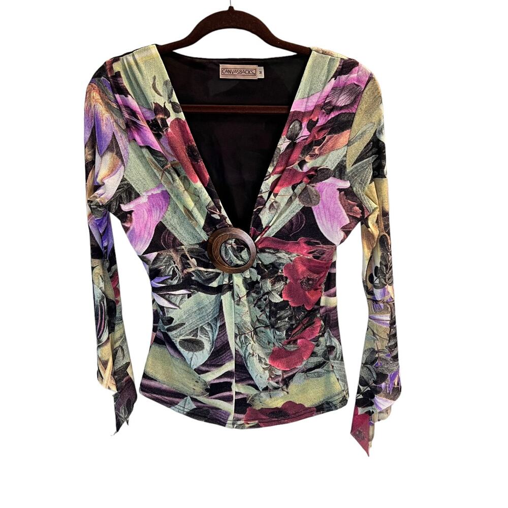 Canvasbacks Women's Floral Long Sleeve Top V-Neck Long Sleeve Size M Lined